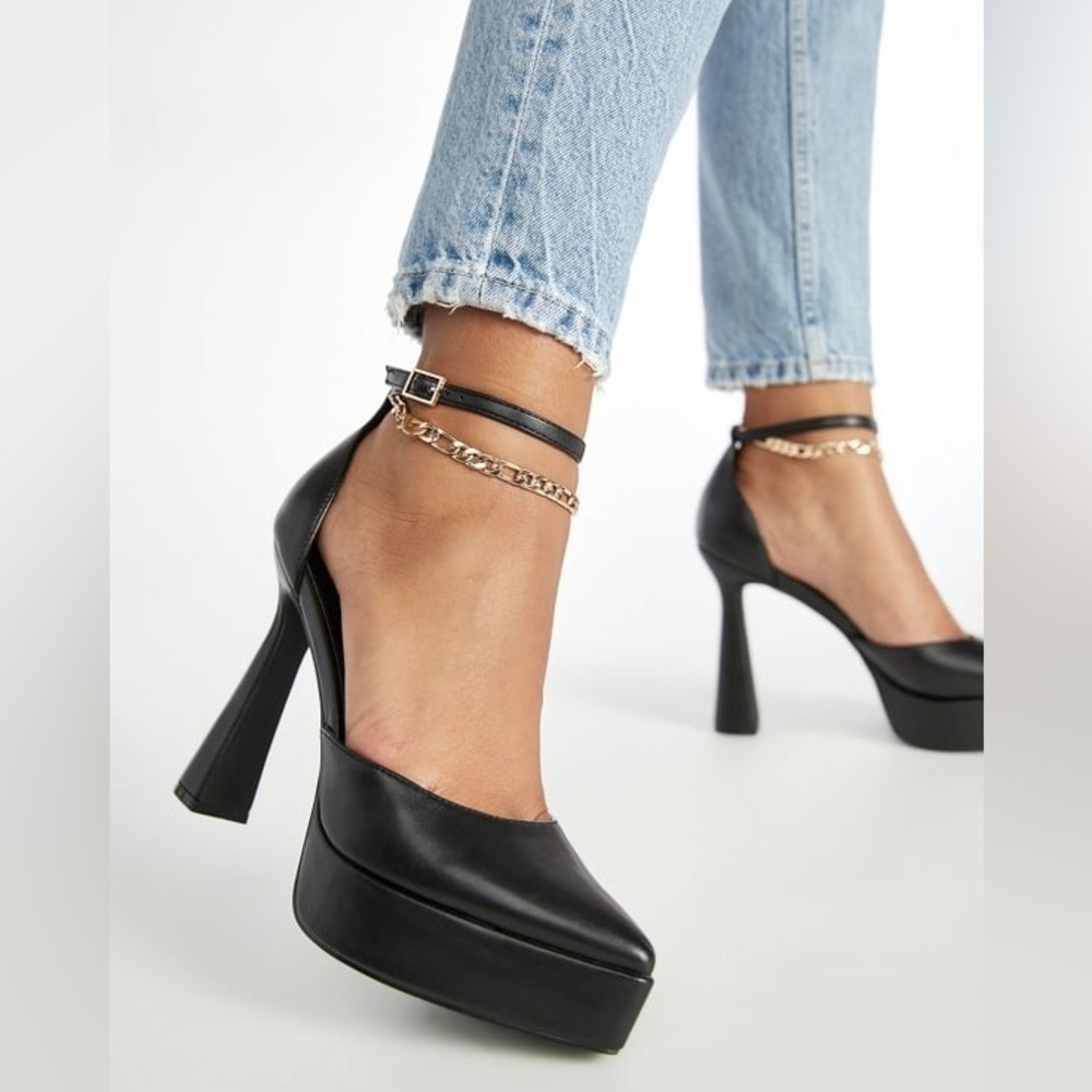 Shoe Dazzle Women Sydney Platform Court Chunky Heel Pumps Black Shoes Size 10